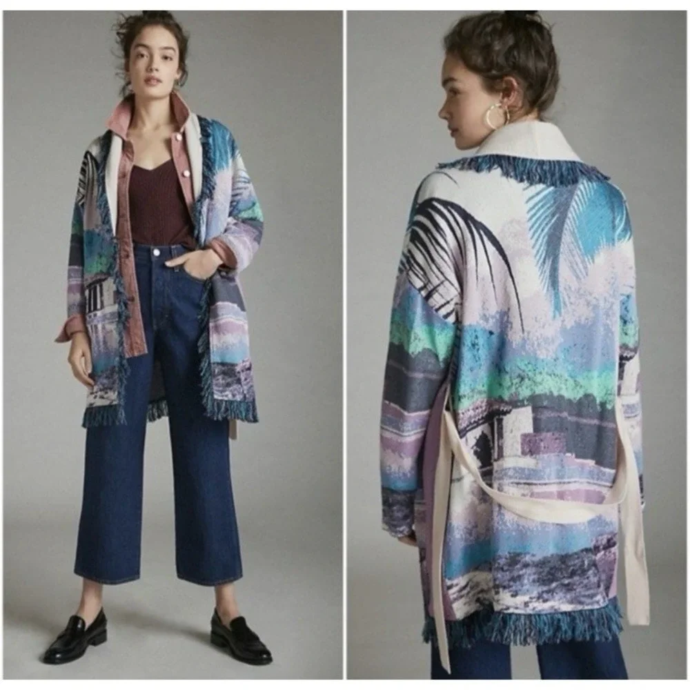 Anthropologie Aldo Martins Tropical Boho Fringed Cardigan with Pockets No Belt - Picture 1 of 10